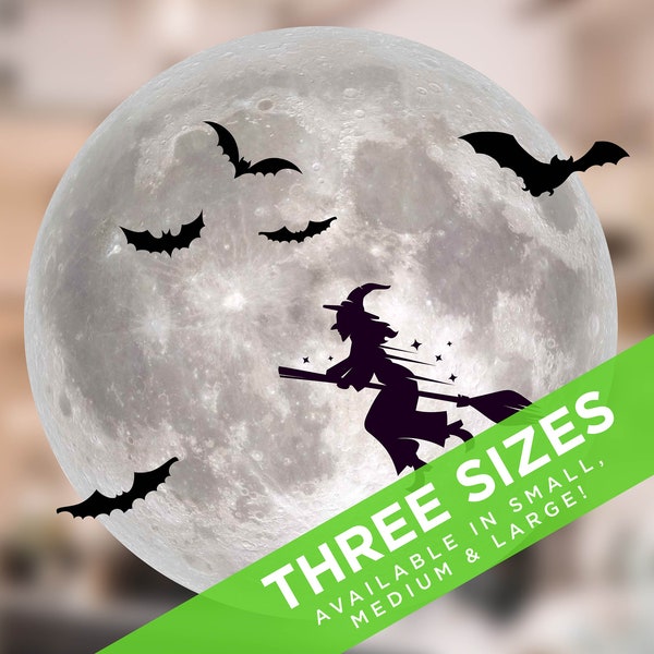 Halloween Witch & Bats Full Moon Window Cling. Reusable UK-Made Decor for Home and Shop. Easy to Apply. Multiple Sizes
