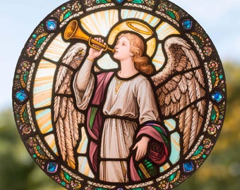 Angel with Trumpet Stained Glass Window Cling Sticker