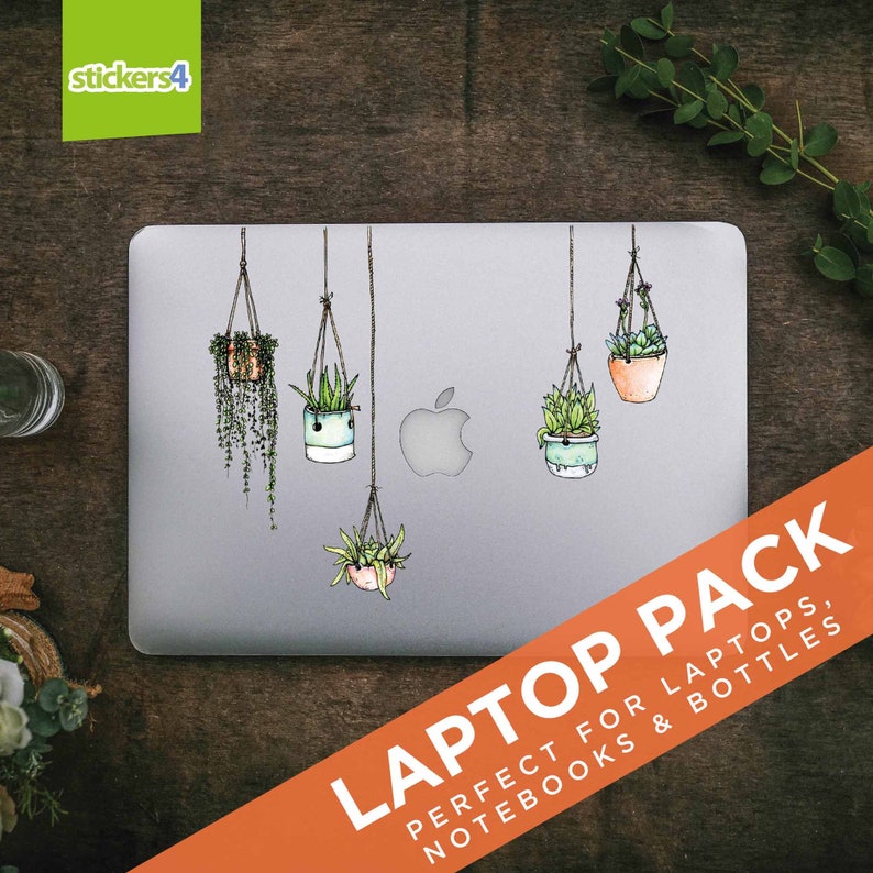 May include: A set of five hanging plant stickers for laptops, notebooks, and bottles. The stickers feature a watercolor-style design of potted plants with green leaves and brown pots.