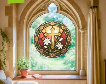 Extra-Large Stained Glass Cross with Easter Lilies Window Cling Sticker