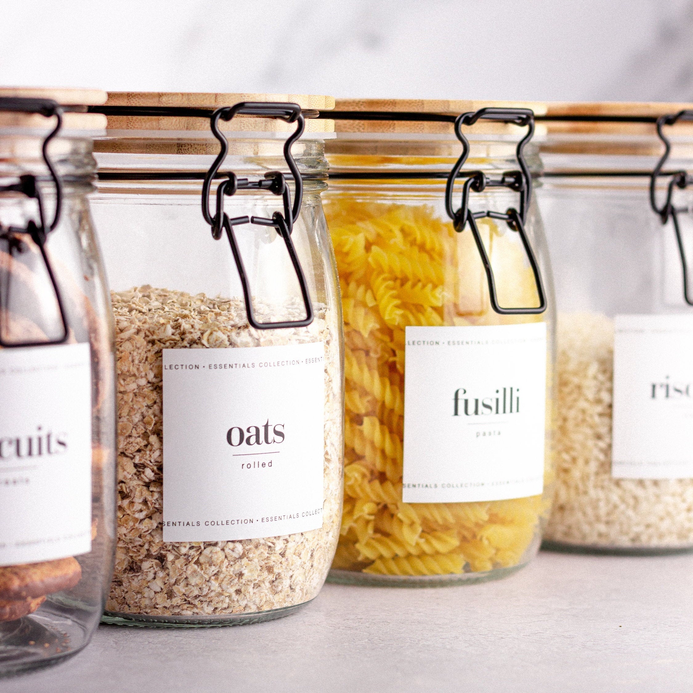 KITCHEN ALMIGHTY Pantry Labels Jars & Canisters w/a Extra Write-on Sticker 323 Delicate Display Gloss Clear Preprinted Water Resistant Complete Label Set to Organize Storage Containers