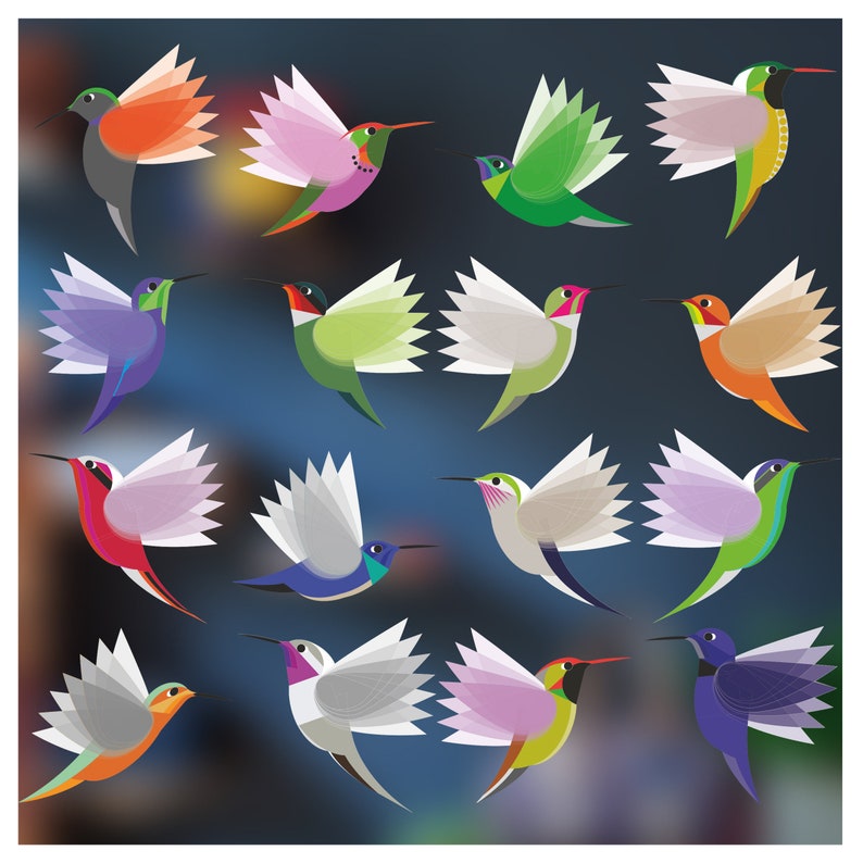 I Like Birds Set of 6 Small Decorative Glass Static Clings Exotic Hummingbirds Window Stickers