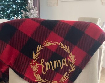 Custom Personalized Buffalo Plaid Fleece Throw Blanket, Winter Blanket, Christmas Gift