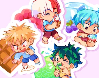 May include: Four cartoon characters enjoying different treats. A red and white character with a red ice cream cone, a green character with a green popsicle, a blonde character with a chocolate bar, and a blue character with a bowl of shaved ice.