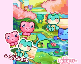 Könnte beinhalten: Ein Set mit bunten Frosch-Stickern vor einem fantasievollen Hintergrund mit einem Teich, Blumen und einem Baum. Die Sticker zeigen verschiedene Froschfiguren mit unterschiedlichen Gesichtsausdrücken und Posen. Der Text "+ Stickers" und "Spirutts Cute Style" ist ebenfalls im Bild enthalten.