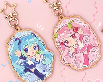 KEYCHAIN(S) - Classic and Sakura Miku / Anime / Vocaloids / Cherry Blossoms - Double-sided wooden charm/Matching Pair/Gold clip attachments