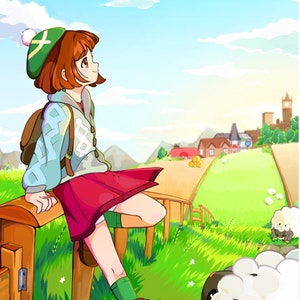 May include: A cartoon illustration of a young person with brown hair wearing a green hat and a blue sweater sitting on a wooden fence. The person is looking up at a bright blue sky with white clouds. There are green hills and a small village in the background. Two white sheep are in the foreground.