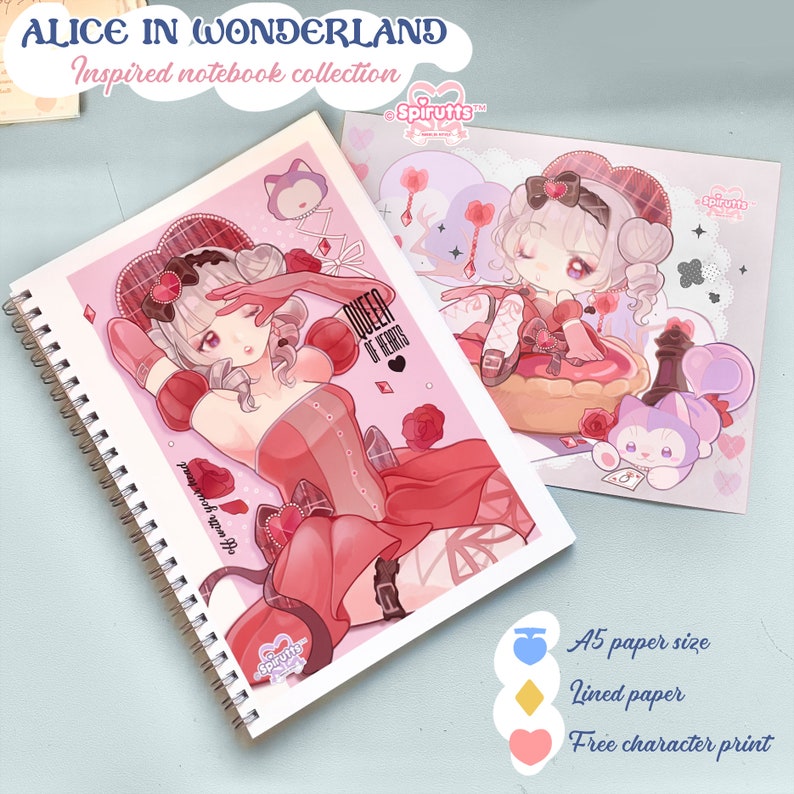 May include: Two Alice in Wonderland themed notebooks. The larger notebook features a pink and red illustration of a character in a red dress and a crown. The smaller notebook features a chibi-style illustration of the same character in a similar dress. Both notebooks have a pink background with hearts and other whimsical details. The text "Queen of Hearts" is visible on the larger notebook. The text "Spirutts" is visible on both notebooks.