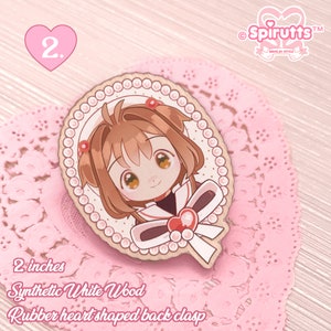 Épingles/BROCHEs Magical Girls classique Finition bois/Épingle coeur en caoutchouc rose Design 2