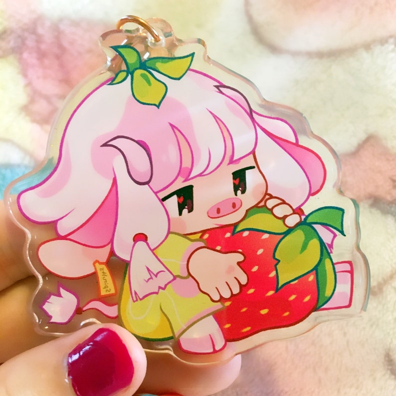 KEYCHAIN Double-sided acrylicGlitter ApoxyRose Heart Chain Strawberry Cow you make me go wow~!