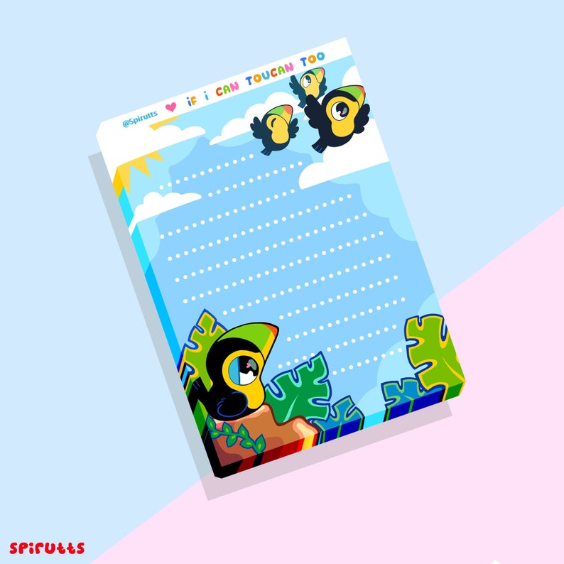 May include: A blue and white lined notepad with the text "If I can toucan too" and a cartoon toucan illustration. The notepad has a green and yellow toucan illustration at the bottom.