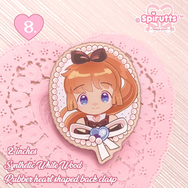 Épingles/BROCHEs Magical Girls classique Finition bois/Épingle coeur en caoutchouc rose Design 8