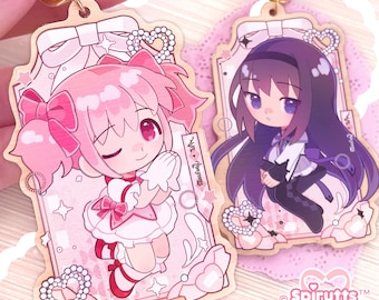 KEYCHAIN(S) - Mahou Magica / Magical Girl / Anime / Madoka / Pink / JFashion - Double-sided wooden charm/Matching Pair/Gold clip attachments