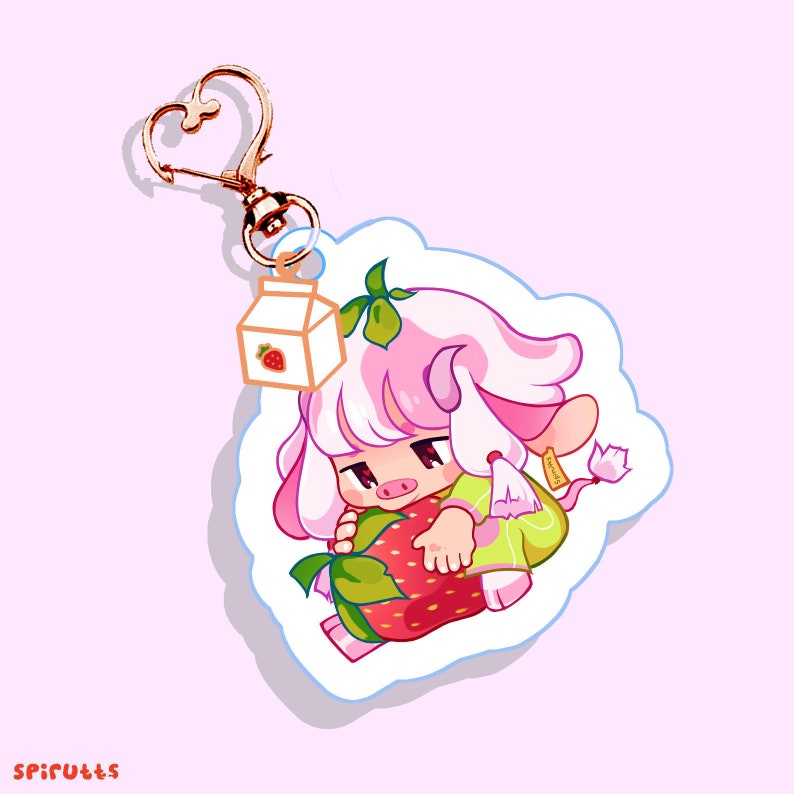 KEYCHAIN Double-sided acrylicGlitter ApoxyRose Heart Chain Strawberry Cow you make me go wow~!