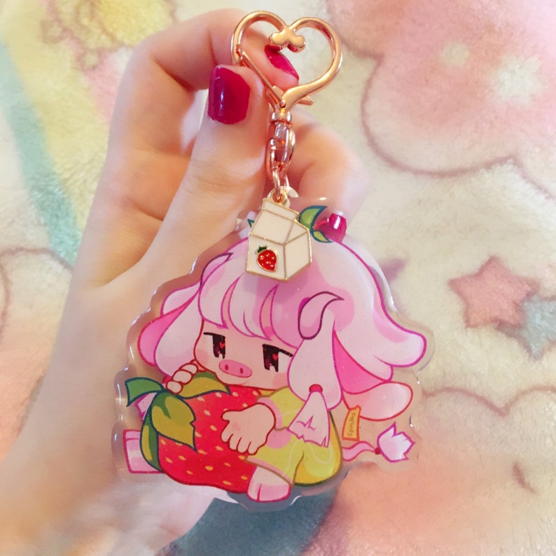 KEYCHAIN Double-sided acrylicGlitter ApoxyRose Heart Chain Strawberry Cow you make me go wow~!