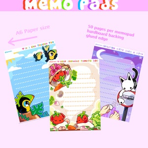 May include: Three A6 sized memo pads with colorful illustrations and lined paper. The first memo pad features a toucan with the text "If I can toucan too". The second memo pad features a tomato dog with the text "Keep growing tomato dog". The third memo pad features a skeleton kitty with the text "Skeleton kitty such a pity".
