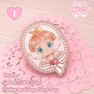 Épingles/BROCHEs Magical Girls classique Finition bois/Épingle coeur en caoutchouc rose Design 1