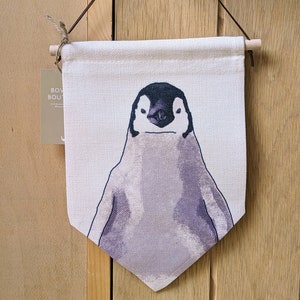 Baby Penguin Linen Flag, Wall Hanging Flag, Nursery and Bedroom Decor, Penguin Chick Animal Home Decor, Leopard Art Illustration