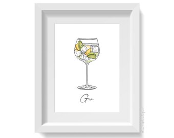 Gin & Tonic Illustration Print, Cocktail Wall Art