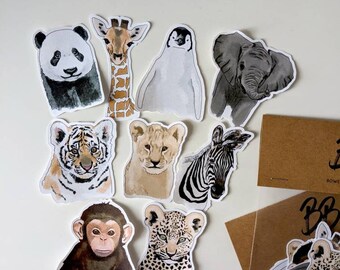 Baby Animal Matte Stickers, Wild Animal Illustration Print, Set of 9