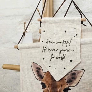 How Wonderful Life Is Now You're In The World, Mini Linen Flag, Small Tiny Banner, Gift for New Baby
