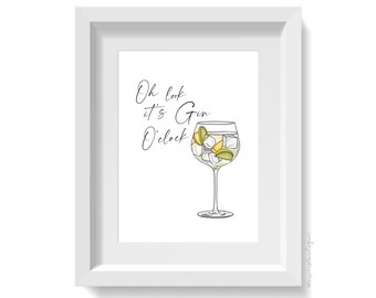 Gin O'Clock Print, Cocktail Illustration, Home Bar Decor