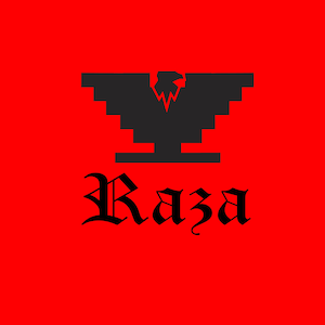 May include: Black and white graphic design of an eagle with the word "Raza" in black text below. The background is red.