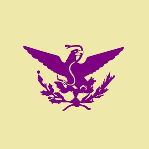 Puede incluir: Una silueta morada de un águila con una serpiente en sus garras, rodeada de una corona de hojas.