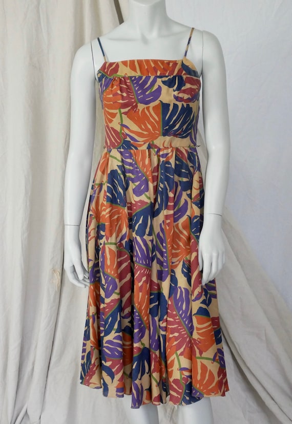 Vintage 80's Monstera Leaf Tropical Print Dress