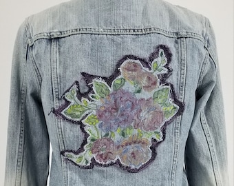 Purple Rose Garden Vintage Refashioned Denim Jean Jacket, upcycled denim, original design by reFabjack