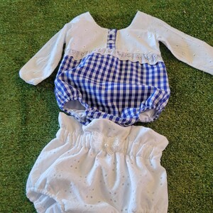 Può includere: Un completo per neonato in vichy bianco e blu con bordino in pizzo bianco. Il completo comprende una maglia a maniche lunghe e un paio di pantaloncini.