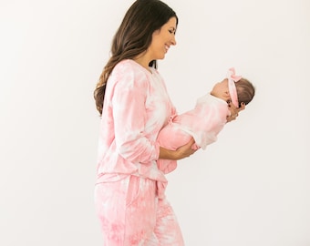 Tie Dye Mommy and Me Lounge Set and Matching Swaddle,Matching Pajamas and Swaddle Set,Pink,Hospital Sets,Postpartum Pajamas,Hospital Bag