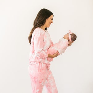 Tie Dye Mommy and Me Lounge Set and Matching Swaddle,Matching Pajamas and Swaddle Set,Pink,Hospital Sets,Postpartum Pajamas,Hospital Bag image 1