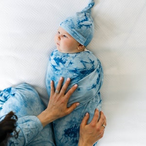 Blue Tie Dye Swaddle, Maternity Robe and Matching Swaddle,Postpartum,Baby Boy,Baby Shower Gift,Hat,Matching,Stretchy,Robe and Swaddle Set image 1