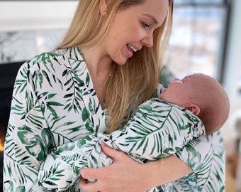 Palm Leaf Robe and Swaddle,Mommy and Me Matching Set,Postpartum,Maternity Robe,Matching Swaddle,Hospital Gown,Baby Shower Gift,Pregnant,Baby