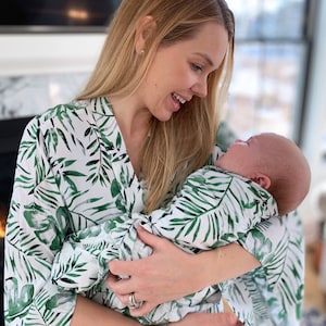 Palm Leaf Robe and Swaddle,Mommy and Me Matching Set,Postpartum,Maternity Robe,Matching Swaddle,Hospital Gown,Baby Shower Gift,Pregnant,Baby image 1