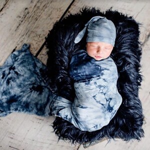 Blue Tie Dye Swaddle, Maternity Robe and Matching Swaddle,Postpartum,Baby Boy,Baby Shower Gift,Hat,Matching,Stretchy,Robe and Swaddle Set image 4