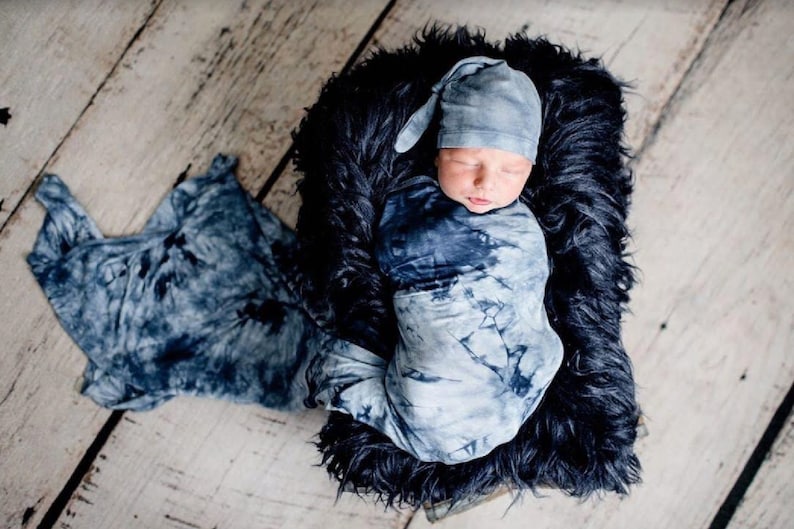 Blue Tie Dye Swaddle, Maternity Robe and Matching Swaddle,Postpartum,Baby Boy,Baby Shower Gift,Hat,Matching,Stretchy,Robe and Swaddle Set image 4