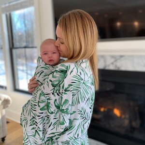 Palm Leaf Robe and Swaddle,Mommy and Me Matching Set,Postpartum,Maternity Robe,Matching Swaddle,Hospital Gown,Baby Shower Gift,Pregnant,Baby image 3