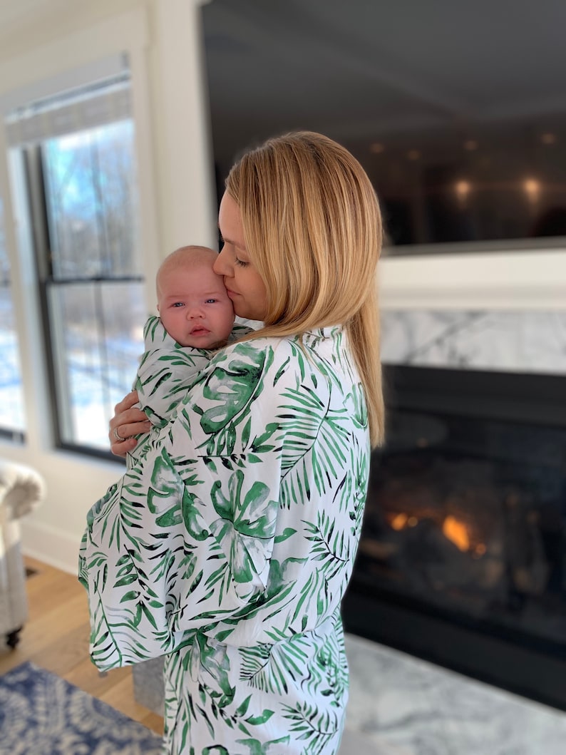 Palm Leaf Robe and Swaddle,Mommy and Me Matching Set,Postpartum,Maternity Robe,Matching Swaddle,Hospital Gown,Baby Shower Gift,Pregnant,Baby image 3