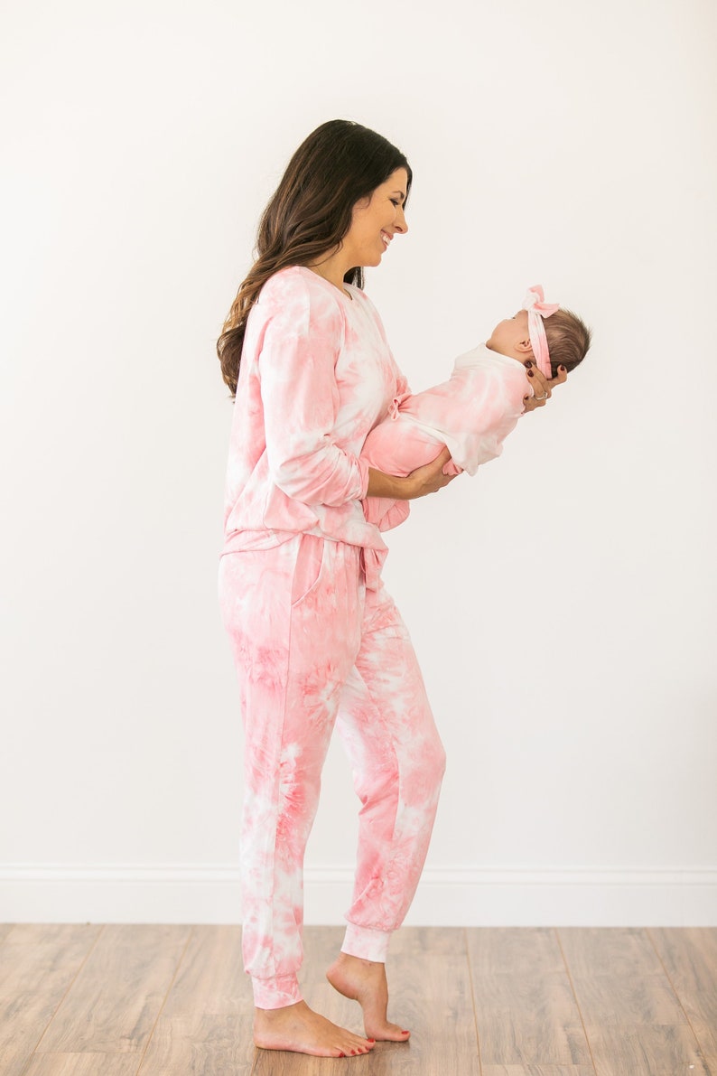 Tie Dye Mommy and Me Lounge Set and Matching Swaddle,Matching Pajamas and Swaddle Set,Pink,Hospital Sets,Postpartum Pajamas,Hospital Bag image 1