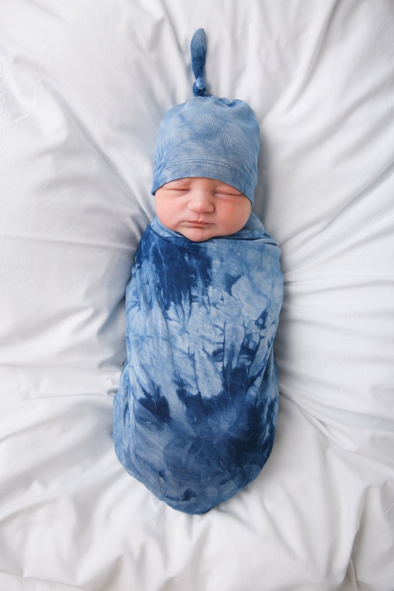 Blue Tie Dye Swaddle, Maternity Robe and Matching Swaddle,Postpartum,Baby Boy,Baby Shower Gift,Hat,Matching,Stretchy,Robe and Swaddle Set image 3