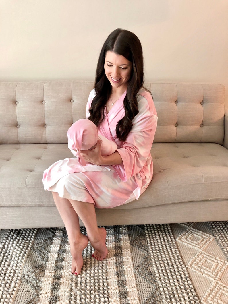Pink Tie Dye Robe and Matching Swaddle,Mommy and Me,Hospital Robe,Maternity Robe,Baby Girl,Baby Shower Gift,Stretchy,Robe and Swaddle Set image 9