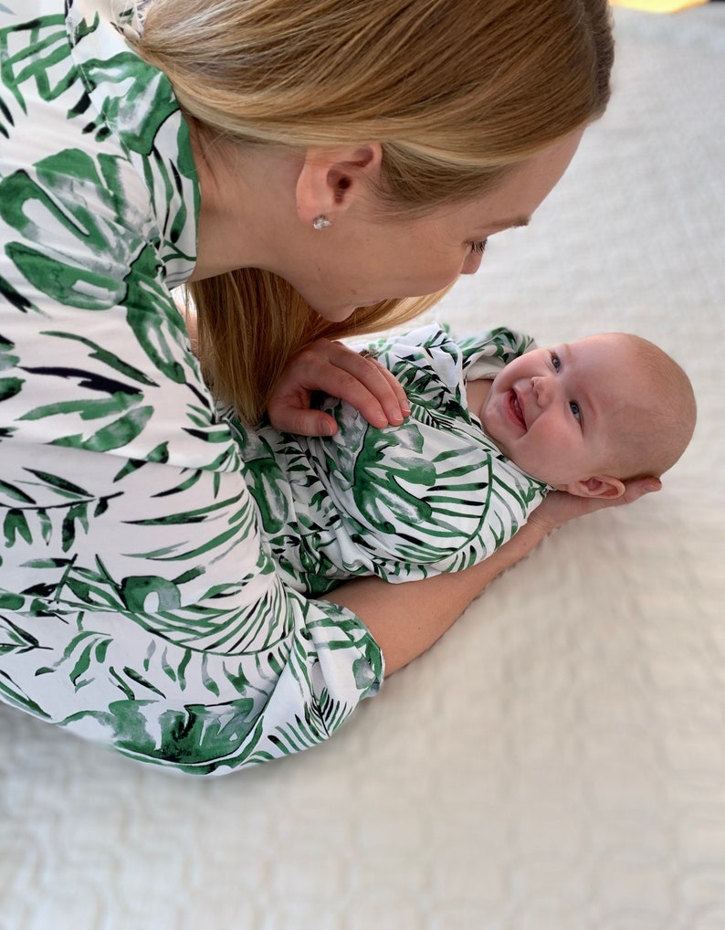 Palm Leaf Robe and Swaddle,Mommy and Me Matching Set,Postpartum,Maternity Robe,Matching Swaddle,Hospital Gown,Baby Shower Gift,Pregnant,Baby image 8