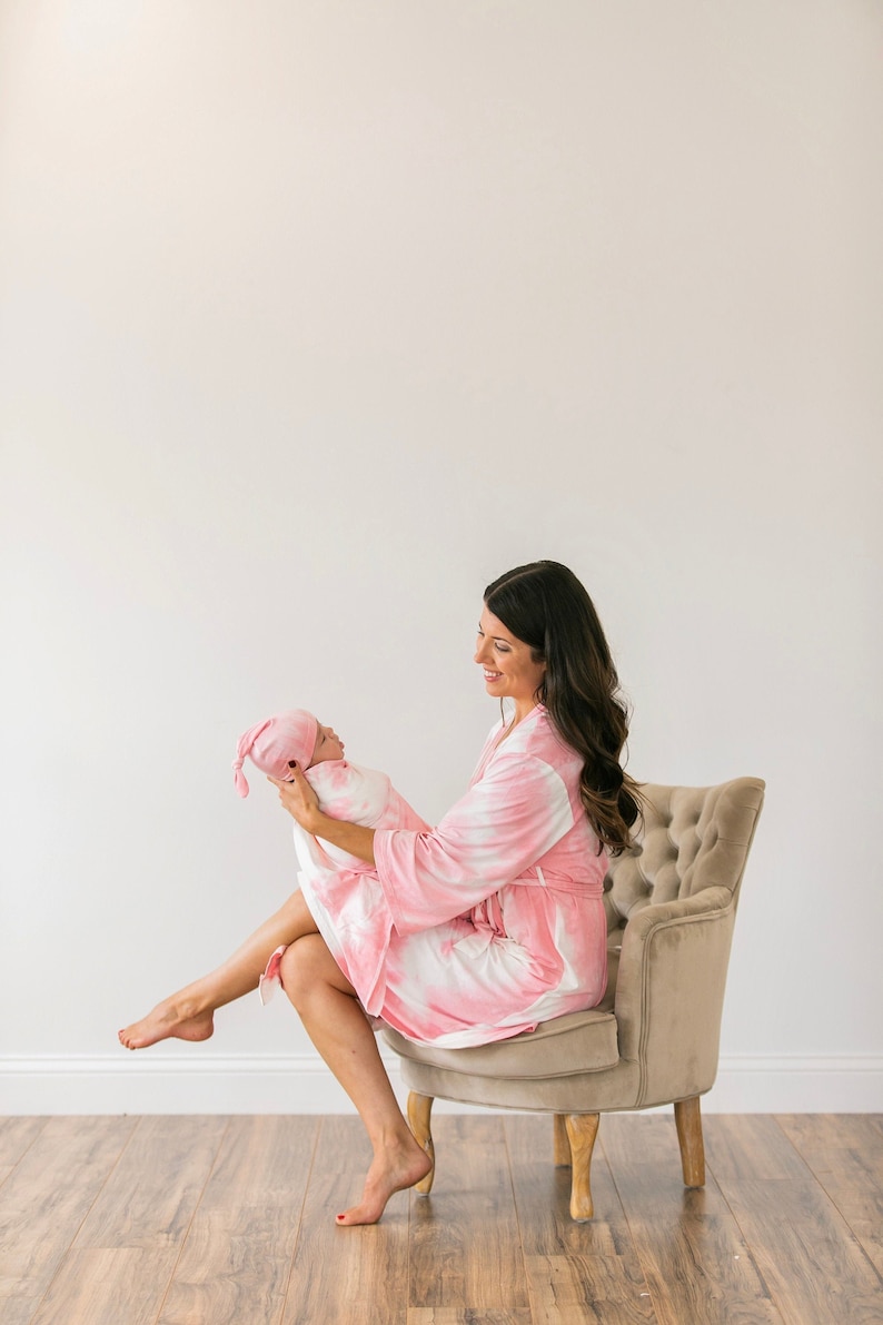 Pink Tie Dye Robe and Matching Swaddle,Mommy and Me,Hospital Robe,Maternity Robe,Baby Girl,Baby Shower Gift,Stretchy,Robe and Swaddle Set image 1