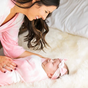 Pink Tie Dye Robe and Matching Swaddle,Mommy and Me,Hospital Robe,Maternity Robe,Baby Girl,Baby Shower Gift,Stretchy,Robe and Swaddle Set image 3