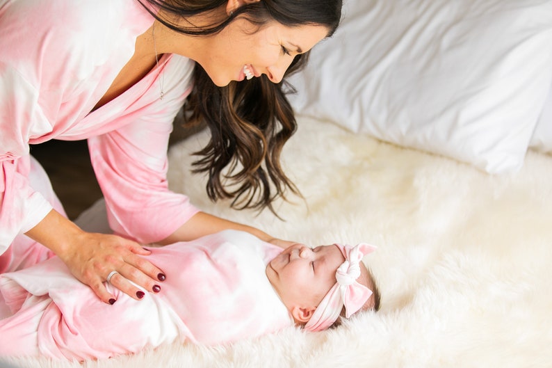 Pink Tie Dye Robe and Matching Swaddle,Mommy and Me,Hospital Robe,Maternity Robe,Baby Girl,Baby Shower Gift,Stretchy,Robe and Swaddle Set image 3