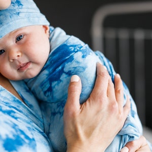 Blue Tie Dye Swaddle, Maternity Robe and Matching Swaddle,Postpartum,Baby Boy,Baby Shower Gift,Hat,Matching,Stretchy,Robe and Swaddle Set image 7