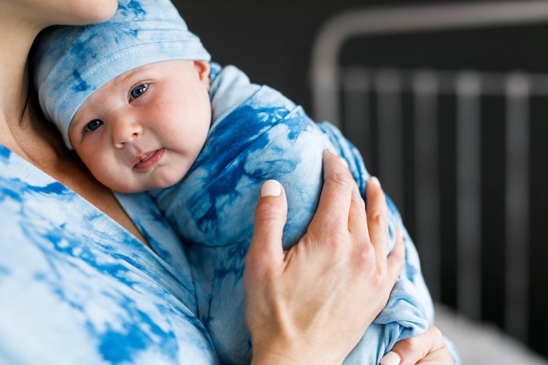 Blue Tie Dye Swaddle, Maternity Robe and Matching Swaddle,Postpartum,Baby Boy,Baby Shower Gift,Hat,Matching,Stretchy,Robe and Swaddle Set image 7