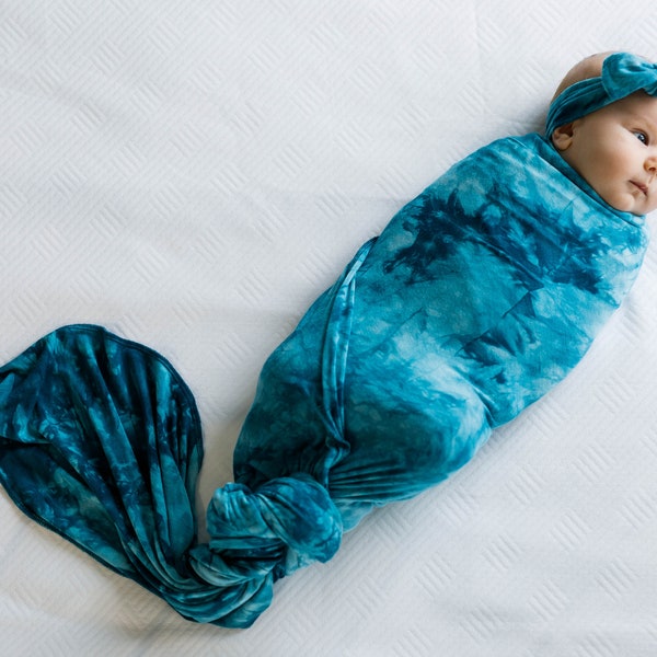 Teal Tie Dye Swaddle,Maternity Robe and Matching Swaddle Set,Mommy and Me,Stretchy Swaddle,Postpartum,Baby Shower Gift,Girl,Bow,Newborn,Cute